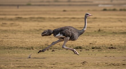 Ostrich Running Fast in African Savanna