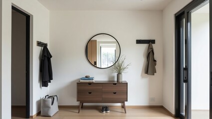 Welcoming foyer with sleek console, round mirror, and coat racks enhancing the modern minimalist aesthetic of the home's entry space.