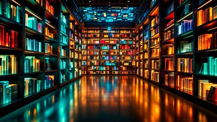 A vibrant library corridor, filled with books illuminated by colorful lighting, creating a stunning visual effect and sense of knowledge.