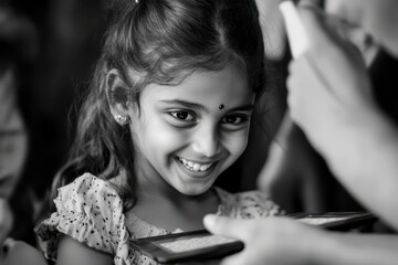 Young girl smiling, reading braille book.