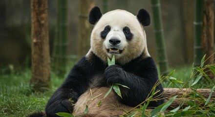 Fototapeta premium Panda Eating Bamboo in Nature Reserve
