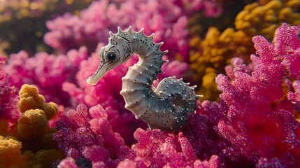 Obraz premium Seahorse amidst vibrant coral reef, underwater scene