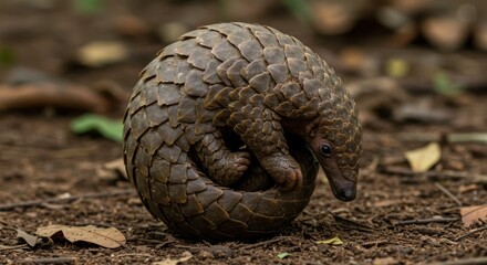Pangolin Curled in Ball on Forest Floor