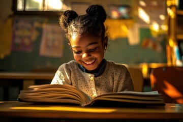 Smiling Young Girl Reads Braille Book in Classroom Sunlight, Engaged in Learning and Educational Exploration