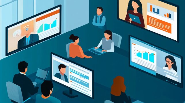 A team of digital marketers reviewing campaign strategies and analytics during a video meeting. 