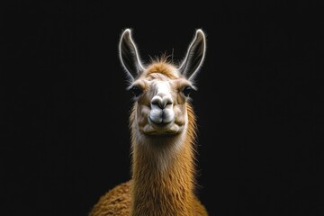 Obraz premium A llama stands out vividly against a dark, black backdrop, creating a striking contrast.