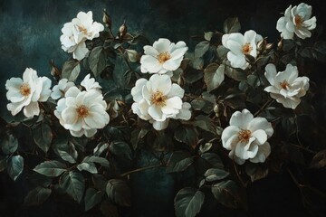Beautiful white rose blossoms and dark green foliage painting detail