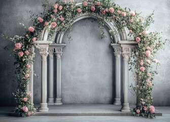 An ornate stone archway decorated with climbing roses and foliage