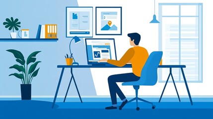 A person sitting at a desk with a laptop, managing online ads, and tracking performance. 