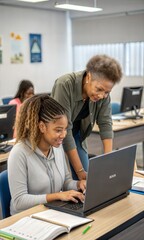 Teacher assisting a student with a laptop, providing guidance and support in an adult training center. (Education)