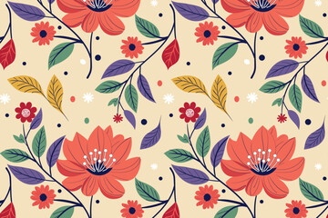 Summer seamless botanical pattern with bright plants and flowers on a beige background. Floral printing and textiles. Beautiful exotic plants.
