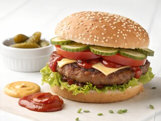 Classic Hamburger with Pickles, Tomato, and Onion

