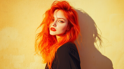 woman, young model with long orange hair in front of a yellow wall