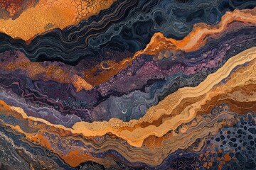 Naklejka premium Abstract artwork depicting layered, swirling textures in shades of orange, purple, and dark blue, resembling a geological formation.