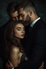 trio, muscular man, brunette, muscular man, businessman, beautiful girl