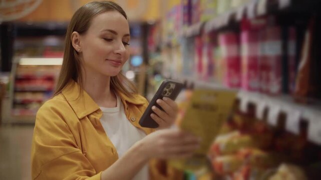 A woman wearing a yellow top chooses cornflakes from a shelf in a grocery store, surrounded by colorful cereal boxes. She carefully scans the options, showcasing her preferences.