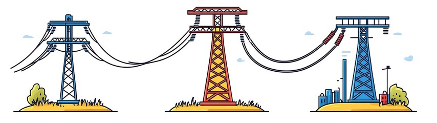 Illustrated depictions of different electricity transmission towers in a row