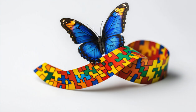 Autism Awareness Colorful Puzzle Ribbon and Blue Butterfly