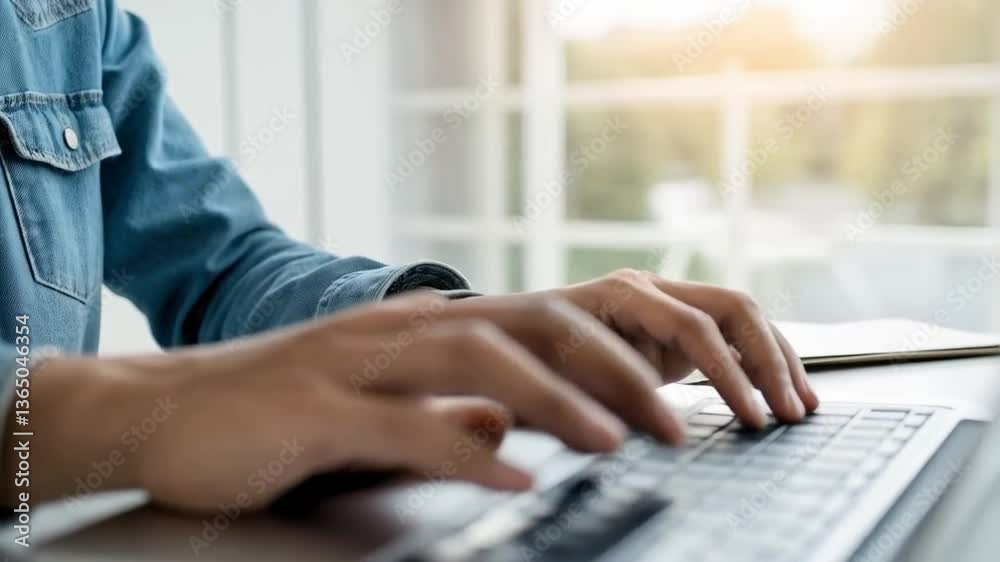 Poster person typing on laptop with document icons floating above the keyboard on a white surface area