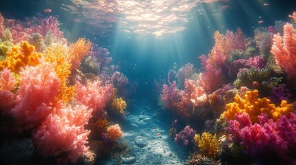 Sunlight filtering through rippling water surface illuminates a vibrant coral reef ecosystem teeming with marine life, creating a breathtaking underwater seascape.
