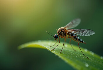 Mosquito perches on a green leaf, showcasing its detailed body structure and wings. This highlights the role of mosquitoes in transmitting malaria in tropical environments