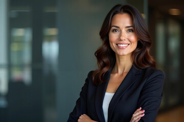 A powerful female lawyer exuding confidence and professionalism, standing proudly in front of the law firm's logo.