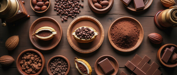 Obraz premium A variety of cocoa products are beautifully arranged on a wooden table. Bowls hold cocoa powder, nuts, and chocolate pieces, showcasing the richness of chocolate-making ingredients and their textures
