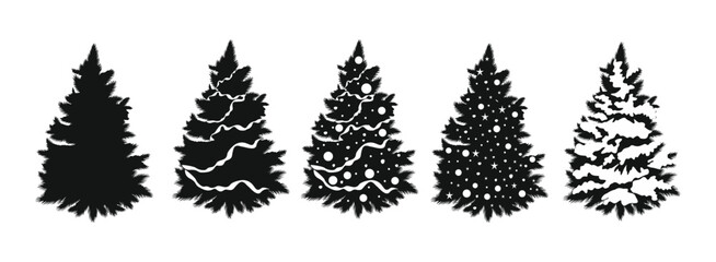 Fototapeta premium Set of Christmas tree silhouettes. Traditional holiday firs with ornaments and lights, Xmas spruce with festive decoration. Comic style black vector illustrations isolated