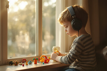 Young boy with headphones, conceptualizing autism's world through sensory focus, isolation, and imagination