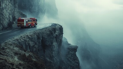 Fototapeta premium Fire truck on misty cliffside road in foggy mountain landscape