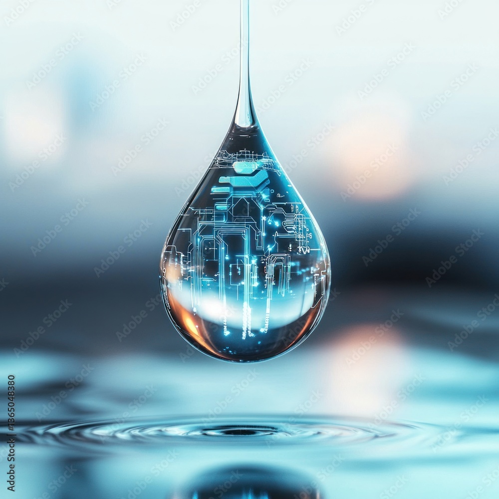 Aufkleber Digital Water Drop with Futuristic Circuit Design in Background and Soft Blurred Effect