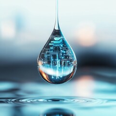 Digital Water Drop with Futuristic Circuit Design in Background and Soft Blurred Effect