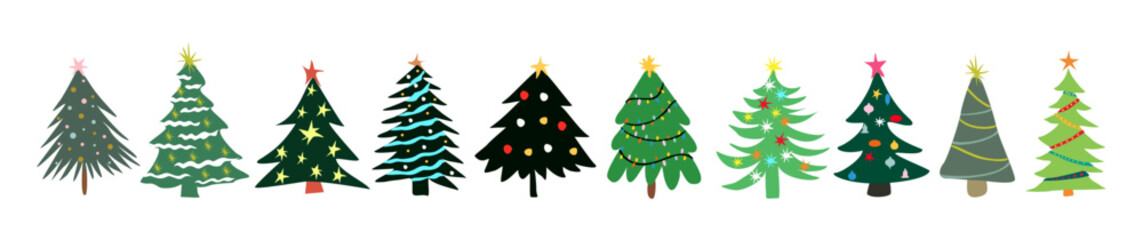 Set of various firs, pines or spruces decorated with baubles, garland, lights, stars. Bundle of winter coniferous forest Christmas trees isolated. Holiday vector illustration in doodle style.