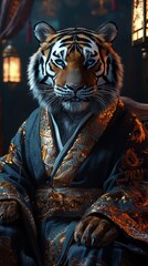 Majestic tiger in ornate robe sitting in lantern-lit interior