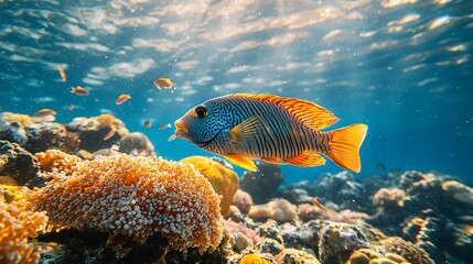 Obraz premium Tropical fish swims near coral reef, sunlight underwater