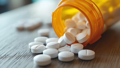 White Pills Spilled from Orange Medicine Bottle on Wood