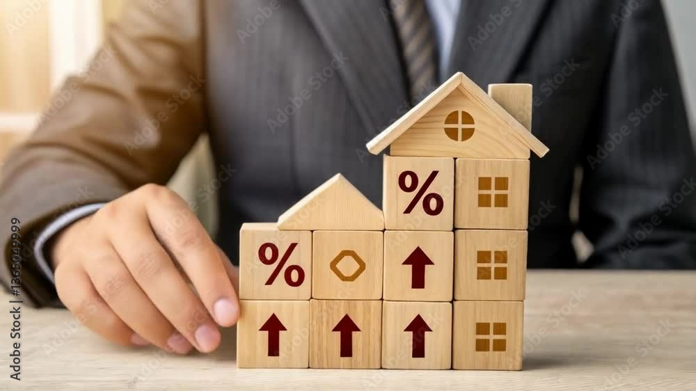 Aufkleber man in suit arranging wooden blocks with percentage sign and house shape on a light colored surface