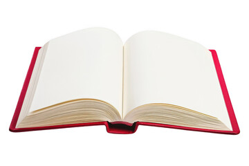 Obraz premium An open book with blank pages on a white background, with a red cover, png