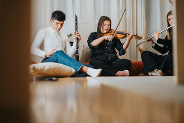 Young adults sitting on cushions, playing violin, clarinet, and flute, expressing creativity, joy,...