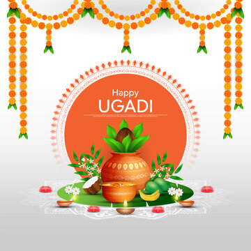 Happy Ugadi, New Year's Day according to the Hindu calendar - poster template design including Kalash, banana leaf, green mango, flowers, rangoli and diya.