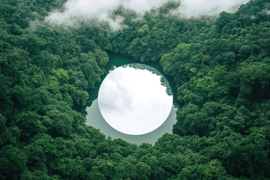 Circular lake in lush forest; misty mountains in background.  Possible use nature backdrop