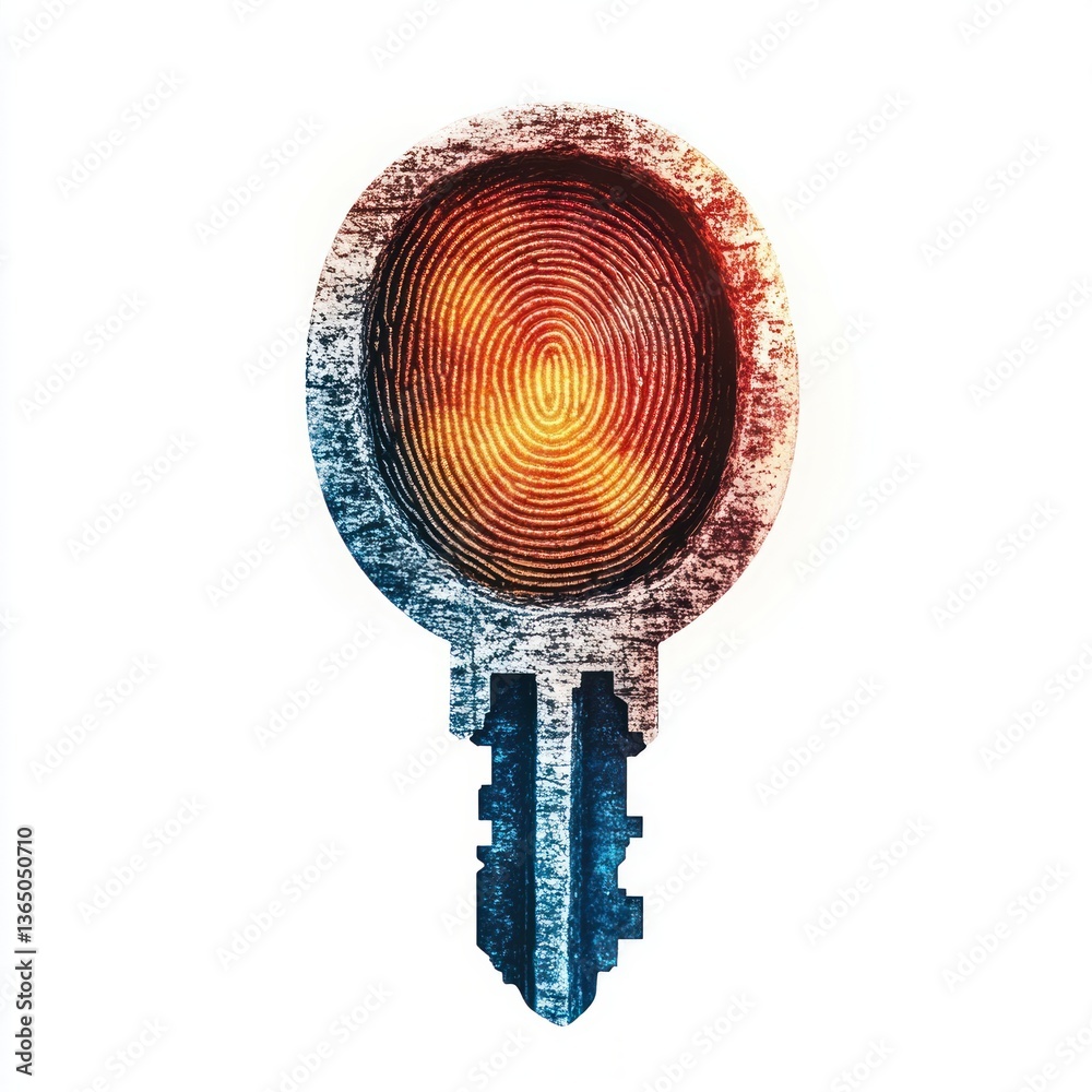Poster Abstract key design with fingerprint pattern and glowing light in orange and blue tones
