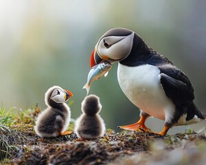 Puffin feeding chicks, coastal cliff, blurred background, wildlife nature