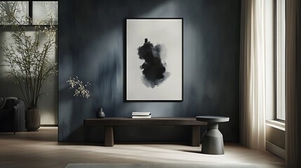 Modern interior with dark wall art.