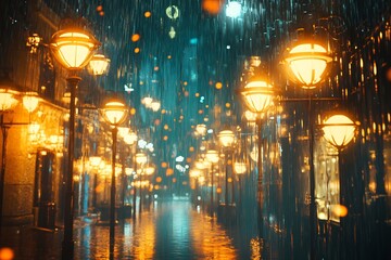 Obraz premium Rainy night cityscape glowing street lamp reflective streets intricate pattern holographic highlights 8k realism