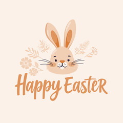Happy Easter greeting with cute bunny and floral elements in soft pastel colors, perfect for festive cards and decorations 