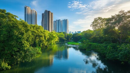 The serene beauty of the Lamtan River flowing gently through lush green forests under a clear blue sky.