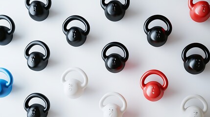 A row of kettlebells of different colors and sizes