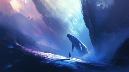 The shimmering light of the sun pierces the water, illuminating a blue whale elegant form