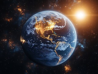 Obraz premium Planet Earth illuminated by the sun surrounded by a star field